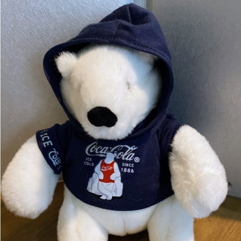 Coca Cola White Plush Bear in Blue Hoodie 6”